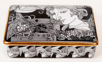 Hollóházi Szász Endre által tervezett doboz, matricás, jelzett, hibátlan, 13,5×9 cm /  Faces designed by Endre Szasz Hollohaza chinaware box