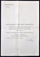 1944. "Polgári Honvédelmi bronz érdemkereszt" adományozói okirata Csatay Lajos honvédelmi miniszter aláírásával, szárazpecséttel T:III