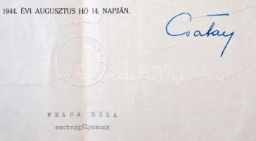 1944. "Polgári Honvédelmi bronz érdemkereszt" adományozói okirata Csatay Lajos honvédelmi ...