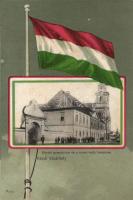 Kézdivásárhely Kantai gimnázium, Római katolikus templom, magyar zászló / grammar school, Roman catholic church, Hungarian flag, litho