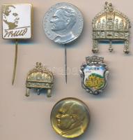 6db vegyes jelvény és kitűző: Ausztria ~1910. "Bécs - Opera" festett porcelán és fém gomblyukjelvény, ~1930. "Szent Korona" vám- és pénzügyőri parolijelzés (2xklf), Jugoszlávia ~1950-1960. "Tito" 2xklf propaganda kitűző, egyik aranyozott, zománcozott + "Hruscsov" propaganda jelvény T:vegyes