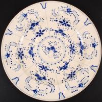 Zsolnay süteményes nagy tál, máz alatti kékkel festett növényi motívumokkal, alján apró lepattanásokkal, jelzett (TJM), formaszám:431, d:30,5 cm