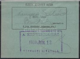 1939 A Képviselőház Háznagyi Hivatala által kiállított belépőjegy a hivatal pecsétjével