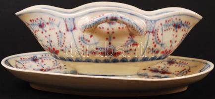 Zsolnay szószos tál, máz alatt festett, apró máz hibákkal, jelzett(TJM), formaszám:576, h:24 cm, m:9,5 cm