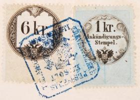 1864 Bizonyítvány 6 kr okmánybélyeggel és 1 kr hirdetménybélyeggel