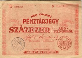 1946. 100.000Adópengő pénztárjegy kerek bélyegzővel, a hátoldalán számos lemezhibával, teljes és részleges betűhiányokkal! T:II/III