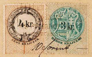 1891 Nyugta 4 kr + 3 kr okmánybélyegekkel