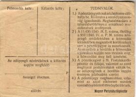 1946. 100.000Adópengő pénztárjegy kerek bélyegzővel, a hátoldalán számos lemezhibával, teljes és rés...