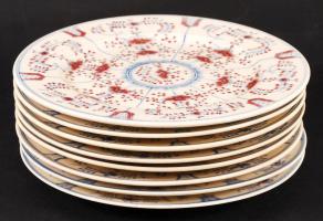 Zsolnay lapostányér (8db), máz alatt festett növényi motívumokkal, apró máz hibákkal, jelzett (TJM), d:24,5 cm