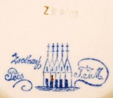 Zsolnay lapostányér (8db), máz alatt festett növényi motívumokkal, apró máz hibákkal, jelzett (TJM),...