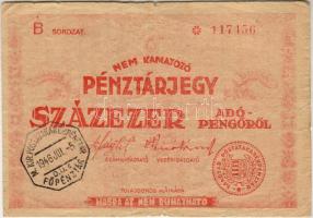 1946. 100.000Adópengő pénztárjegy szögletes "M.kir..." bélyegzővel T:II/III