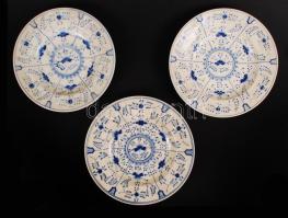 Zsolnay mélytányér (3db), máz alatt festett növényi motívumokkal, apró máz hibákkal, jelzett (TJM), d:23,5 cm