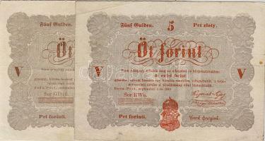 1848. 5Ft (2x) "Kossuth-bankó" 2 klf szín és hátoldali román szövegbeni ékezetvariáns! T:II/III-