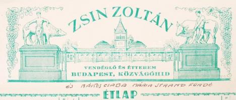 1940 Bp., IX. Zsin Zoltán vendéglő és étterem reklámos fejléces számlája