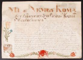 1833 Komáromi molnár céh kézzel írt, díszített mesterlevele hiányos viaszpecséttel, restaurált, 34x47 cm / 1833 Komárno, Millet guild master warrant