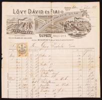 1888 Bp.V., Lövy Dávid és Fiai Parketta-, gőzfűrész-, Furnér-, és Téglagyár által kiállított díszes fejléces számla 5 kr illetékbélyeggel