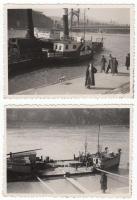cca 1930 A HAZA nevű hajó a pesti rakparton és halászbárkák kikötve, 2 db fotó feliratozva, 6x8 cm