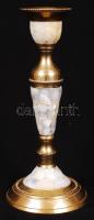 Gyöngyházberakásos réz gyertyatartó, m:17 cm