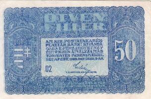 1920. 50f előlap erősen festékhiányos, mindkét oldal ferdén nyomva T:II