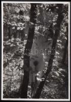 cca 1940 Dulovits Jenő (1903-1972): Játék az erdőben,  vintage aktfotó, szerzői pecséttel jelzett, 12x9 cm