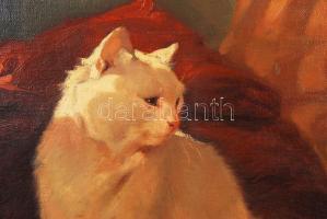 Heyer Artúr (1872-1931): Cica az ágyon. Olaj, vászon, jelzett, sérült antik keretben, 55×70 cm