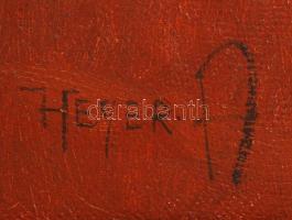 Heyer Artúr (1872-1931): Cica az ágyon. Olaj, vászon, jelzett, sérült antik keretben, 55×70 cm