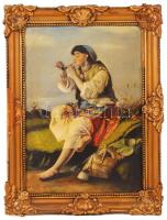 Santha jelzéssel: Pipázó cigánylány. Olaj, farost, sérült antik keretben, 35×24 cm