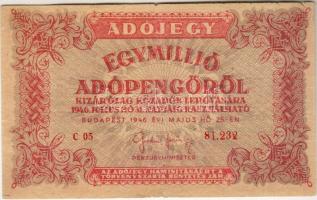 1946. 1000.000Adópengő fordított címerrel festékfolyás a sorszámban, hátlapi szöveg erősen felcsúszva! T:II/III