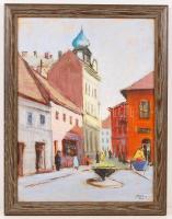 Olvashatatlan jelzéssel: Főtér. Pasztell, papír, üvegezett keretben, 48×37 cm