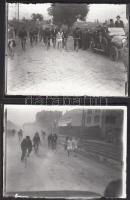 cca 1918-1925 Maratoni futóverseny Budapesten, kerékpáros és autós kísérőkkel, eredeti 9x12 cm-es üveglemez negatívokról készült későbbi kontakt másolatok, 2 db, 9x12 cm