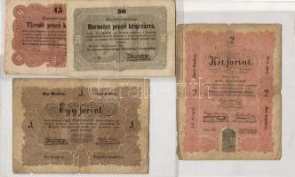1848-49. 15Kr,30Kr T:II + 1Ft,2Ft T:III/IV + 5Ft (2x) 2 klf színben és hátoldali román szövegben ékezeti eltérésekkel T:II,II- + 10Ft T:III/IV
