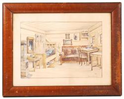 Olvashatatlan jelzéssel: Szoba belső. Akvarell, papír, üvegezett keretbe, 16×23 cm