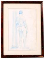 Olvashatatlan jelzéssel: Férfi az oszlopnál. Ceruza, papír, üvegezett keretben, foltos, 24×16 cm