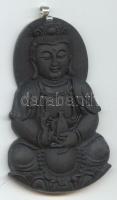 Kézzel faragott lávakő Buddha-medál ezüst (Ag) akasztóval / Hand carved lava stone medallion showing Buddha with silver hook, 6cm