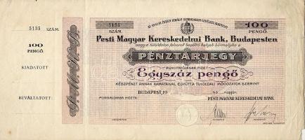 Budapest 19.. (feltehetően 30-as évek) "Pesti Magyar Kereskedelmi Bank" 100P pénztárjegy (bankközi forgalomra) aláírt, fel nem használt darab, szelvénnyel! RRR!!! T:I- jobb szélén kis rongyolodás, sarokhiány
