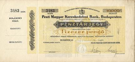 Budapest 19.. (feltehetően 30-as évek) "Pesti Magyar Kereskedelmi Bank" 10.000P pénztárjegy (bankközi forgalomra) aláírt, fel nem használt darab, szelvénnyel! Hátoldalon nyomdahiba "5000P2 tintával áthúzva kézírással  1000P-re kiigazítva! RRR!!! T:I-