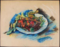 Schubert Ernő (1903-1960): Csendélet cseresznyével. Vegyes technika, papír, jelzett, hátoldalán leltári szám és hagyatéki pecsét, 27×35 cm