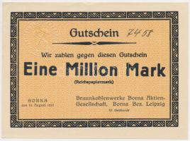 Német Birodalom / Weimari Köztársaság / Borna / Bornai Barnakőszénbánya Részvénytársaság 1.000.000M T:I- (saroktörés) Germany / Weimar Republic / Borna / Brawn Coal Mine Company of Borna (Braunkohlenwerke Borna Aktiengesellschaft) 1.000.000 Mark C:AU (earmark)