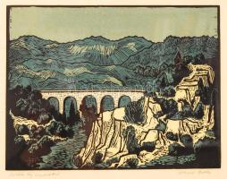 Kőhegyi Gyula (1933-):Siklósi táj viadukttal. Színezett linó, papír, jelzett, üvegezett keretben, 21×28 cm