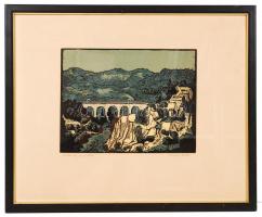 Kőhegyi Gyula (1933-):Siklósi táj viadukttal. Színezett linó, papír, jelzett, üvegezett keretben, 21...