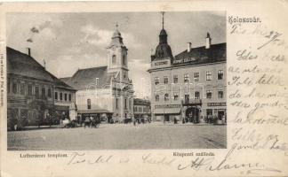 Kolozsvár, Lutheránus templom, Központi szálloda, Pap Ernő üzlete, Medgyesy és Nyegrutz üzlete, Kováts P. fiai kiadása / church, hotel central, shops (EB)