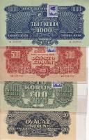 Csehszlovákia 1944. 20K "V.H." Specimen (Minta) perf., 100K "V.H." Specimen perf. + felülnyomott ellenbélyeg, 500K "V.H." Specimen perf. + felülnyomott ellenbélyeg, 1000K "V.H." Specimen perf. + felülnyomott ellenbélyeg T:II+ Csak egyszer hajtva!