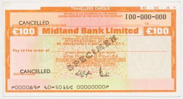 Nagy-Britannia DN "Midland Bank" 100Ł "SPECIMEN" utazási csekk érvénytelenítve T:I Great Britain ND "Midland Bank Limited" 100 Pound "SPECIMEN" travellers cheque, cancelled C:UNC