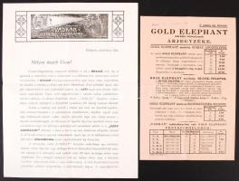cca 1930-1940 Vadkan féynszóró vadászlámpa és Gold Elephant márkájú szárazelemek szórólapja