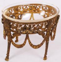 Antik fűszertartó, gazdagon díszített, réz, üvegen apró csorba, m:9 cm, 11×9 cm