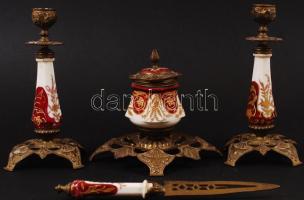 Antik asztali készlet, porcelán-réz, kézzel festett, jó állapotban, összesen:4 db