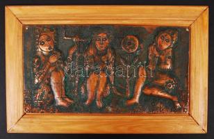Három grácia. Réz falikép, jelzett, fa keretben, 11×21 cm