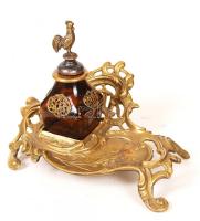 Antik réz asztaldísz, pótolt kakasos üveg tintatartóval, 19×15 cm, m:14 cm