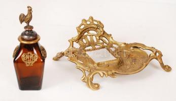 Antik réz asztaldísz, pótolt kakasos üveg tintatartóval, 19×15 cm, m:14 cm