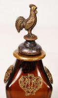 Antik réz asztaldísz, pótolt kakasos üveg tintatartóval, 19×15 cm, m:14 cm